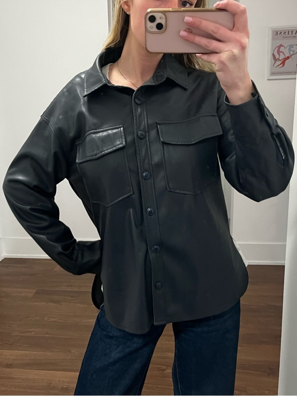 Black Faux Leather Button-Up Jacket, size small/medium